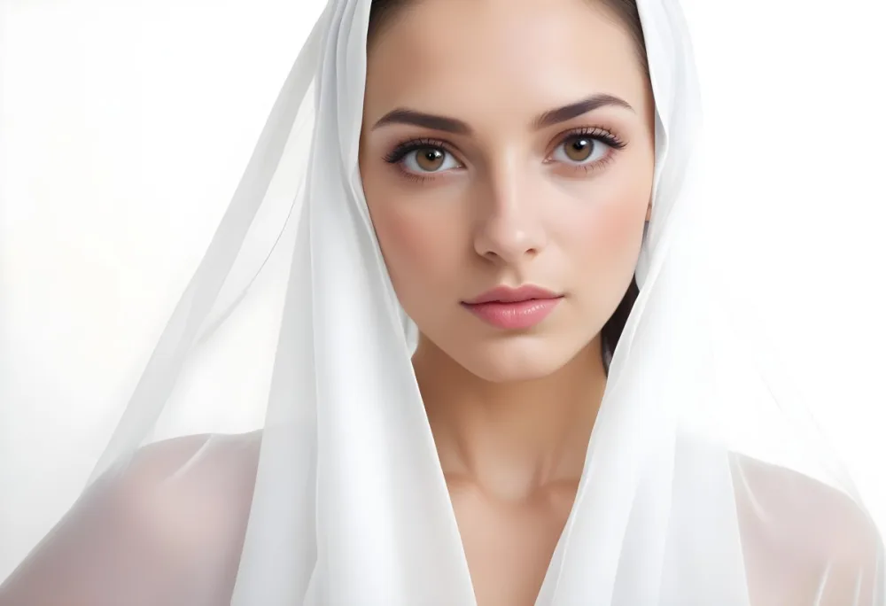 A Caucasian Woman 27 Years Old Brown Eyes Pink Lips Wearing A White Veil White Background 7 A22c