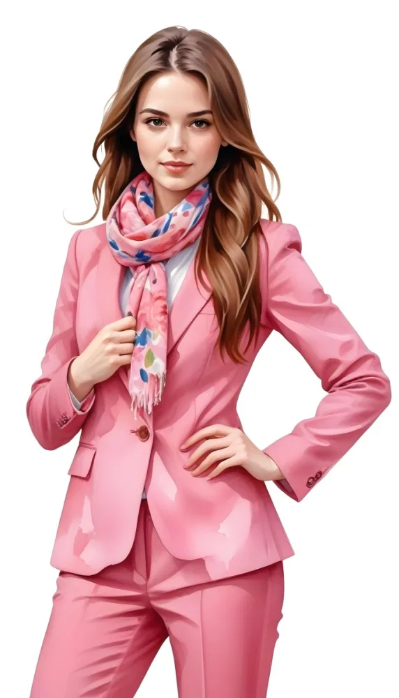 A Caucasian Woman 27 Years Old Long Brown Hair Wearing A Pink Suit And A Floral Scarf White Background 3 Ac56