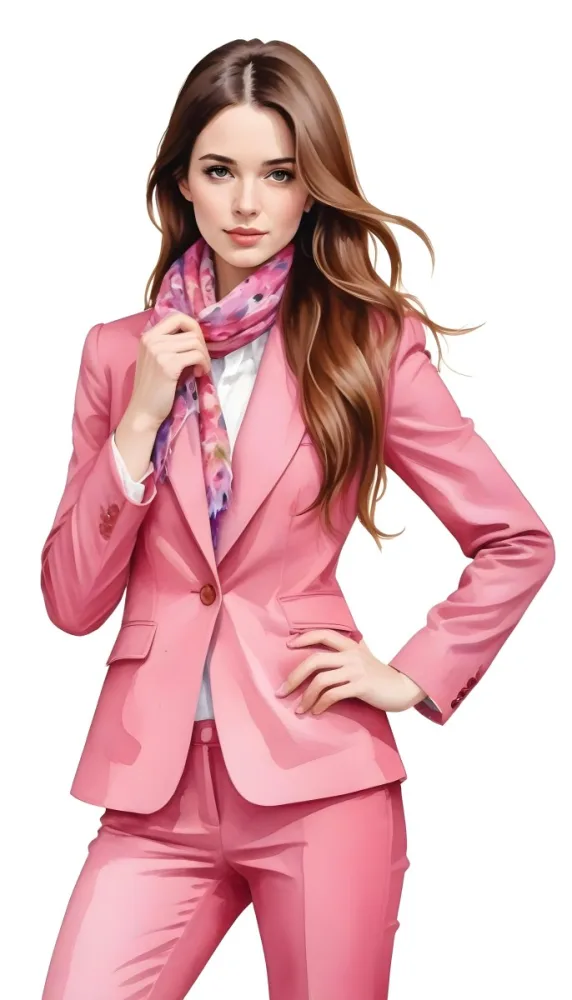 A Caucasian Woman 27 Years Old Long Brown Hair Wearing A Pink Suit And A Floral Scarf White Background 4 0421