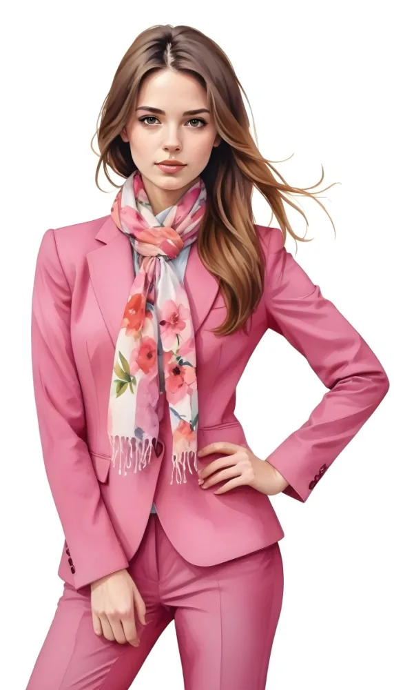 A Caucasian Woman 27 Years Old Long Brown Hair Wearing A Pink Suit And A Floral Scarf White Background 8 Ea2f