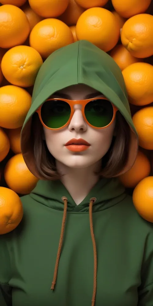 A Caucasian Woman 27 Years Old Short Brown Hair Wearing A Green Hood And Orange Sunglasses With Brown Lipstick In A Background Of Oranges 2 578a