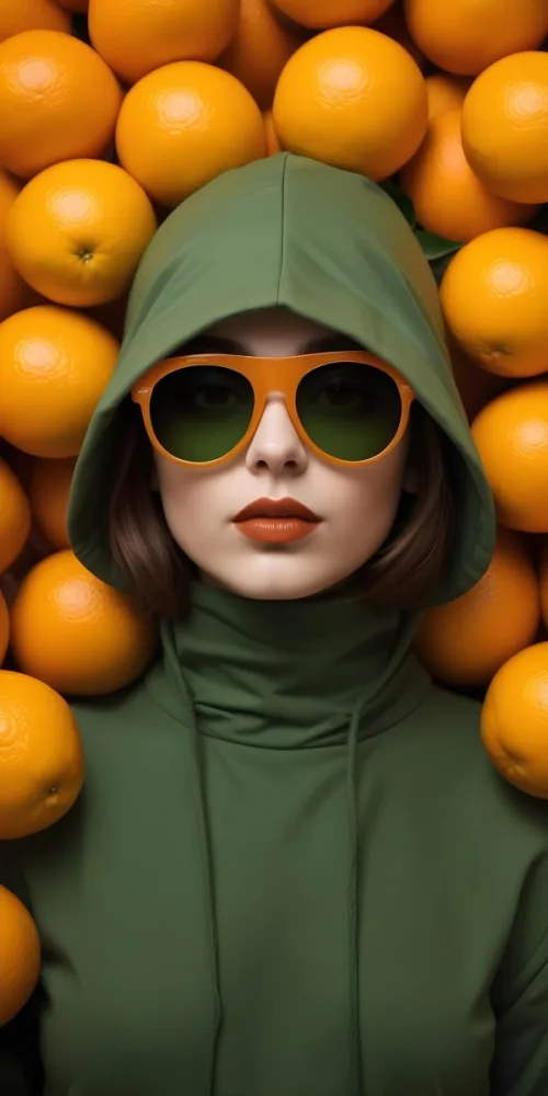A Caucasian Woman 27 Years Old Short Brown Hair Wearing A Green Hood And Orange Sunglasses With Brown Lipstick In A Background Of Oranges 6 B019