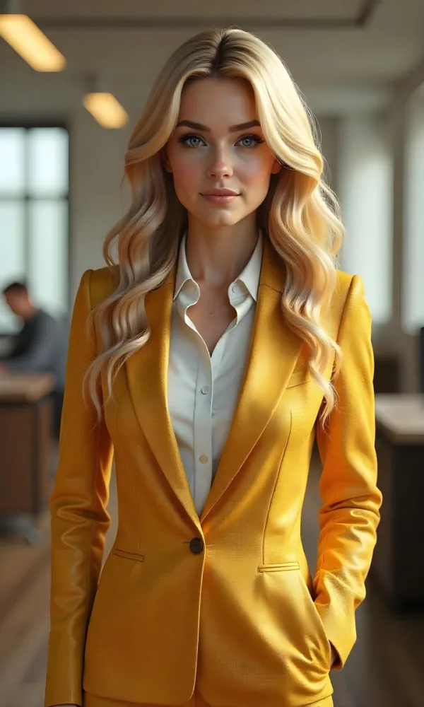 A Caucasian Woman 27 Years Old With Blonde Wavy Hair Wearing A Golden Suit And A White Shirt In An Office 3 0c3c