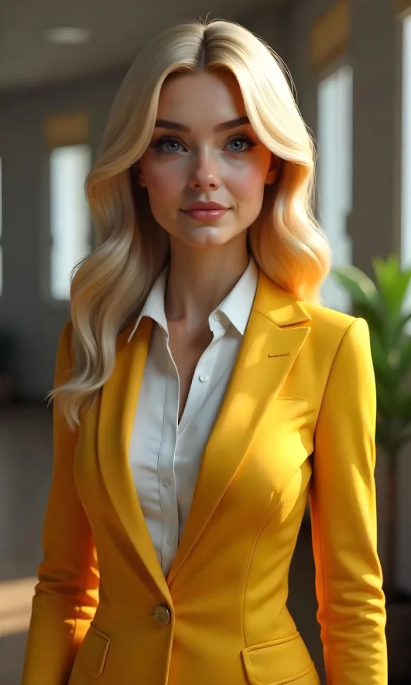 A Caucasian Woman 27 Years Old With Blonde Wavy Hair Wearing A Golden Suit And A White Shirt In An Office 5 2819