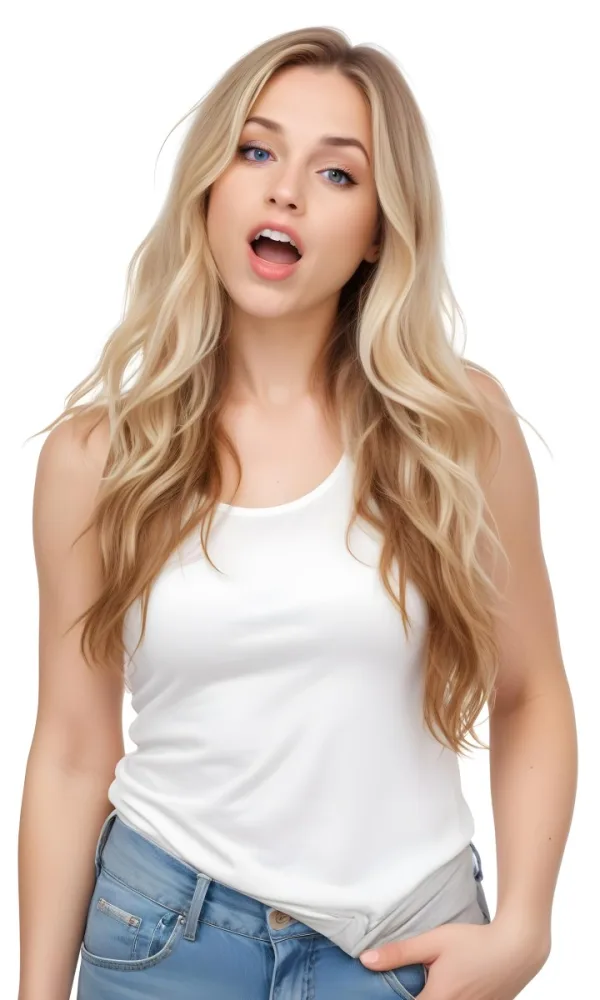 A Caucasian Woman 28 Years Old Blonde Wavy Hair Wearing A White Tank Top Making A Fish Face In A White Background 13 B49a
