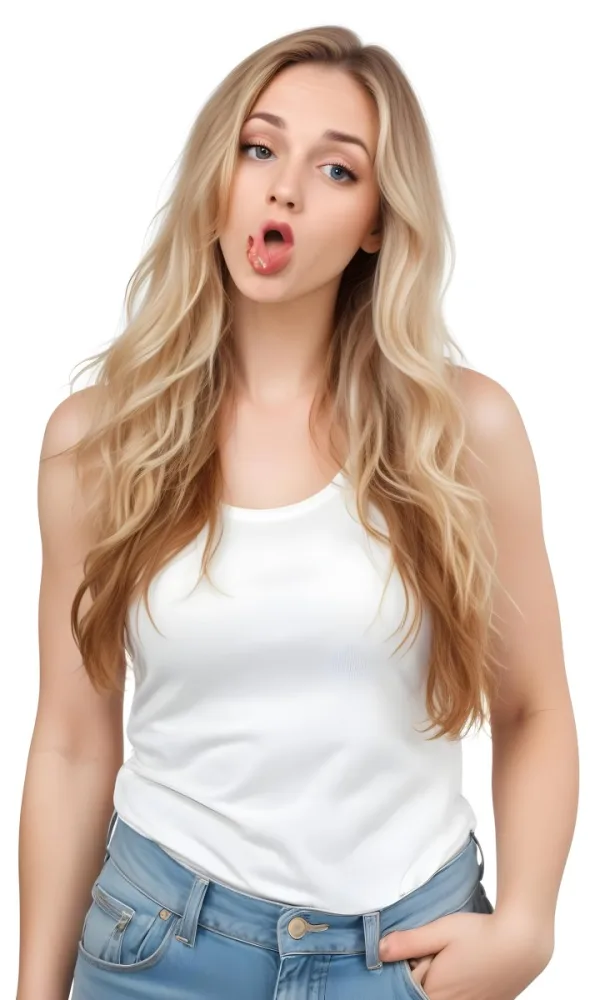 A Caucasian Woman 28 Years Old Blonde Wavy Hair Wearing A White Tank Top Making A Fish Face In A White Background 9 C972