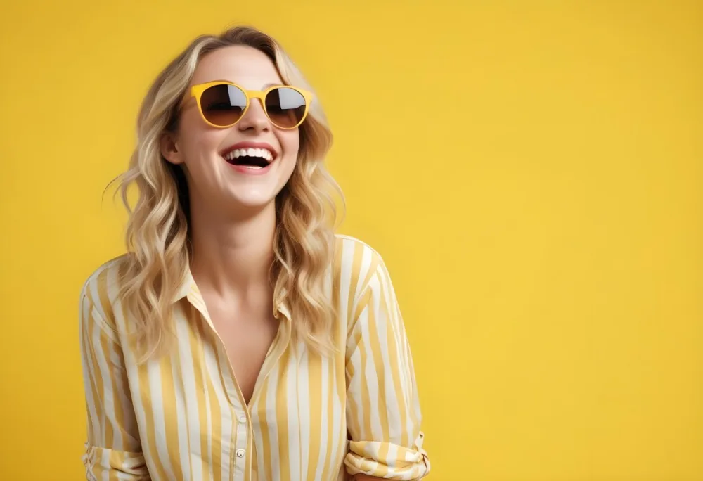 A Caucasian Woman 28 Years Old Blonde Wavy Hair Yellow Sunglasses And A Striped Shirt Laughing In A Yellow Background 1 E7c6
