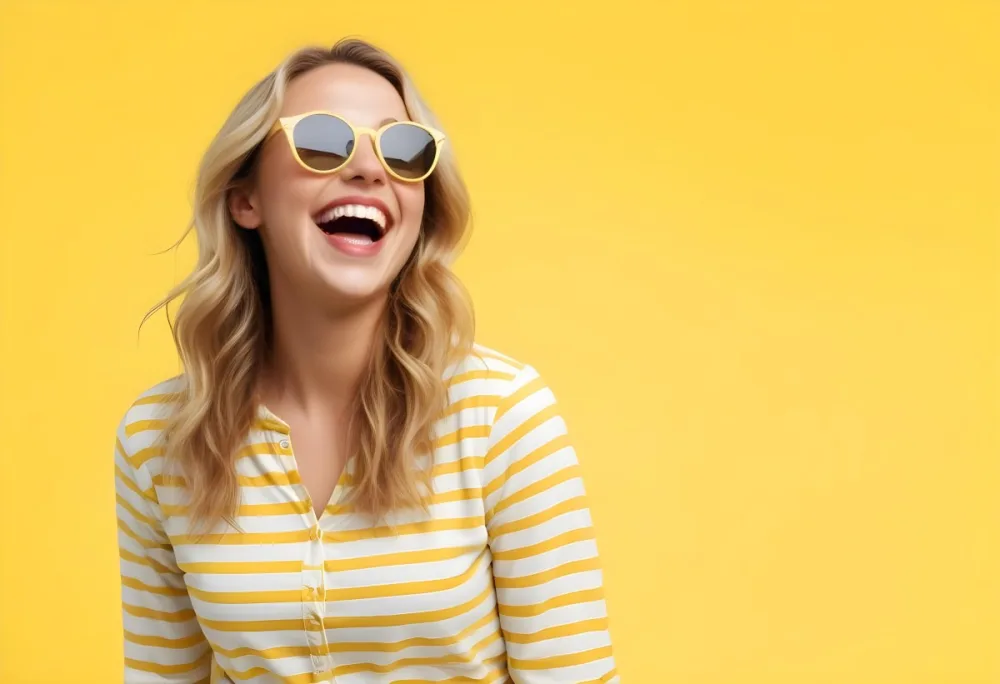 A Caucasian Woman 28 Years Old Blonde Wavy Hair Yellow Sunglasses And A Striped Shirt Laughing In A Yellow Background 13 5877