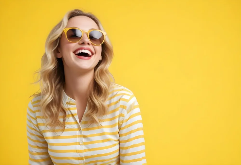 A Caucasian Woman 28 Years Old Blonde Wavy Hair Yellow Sunglasses And A Striped Shirt Laughing In A Yellow Background 14 0f78