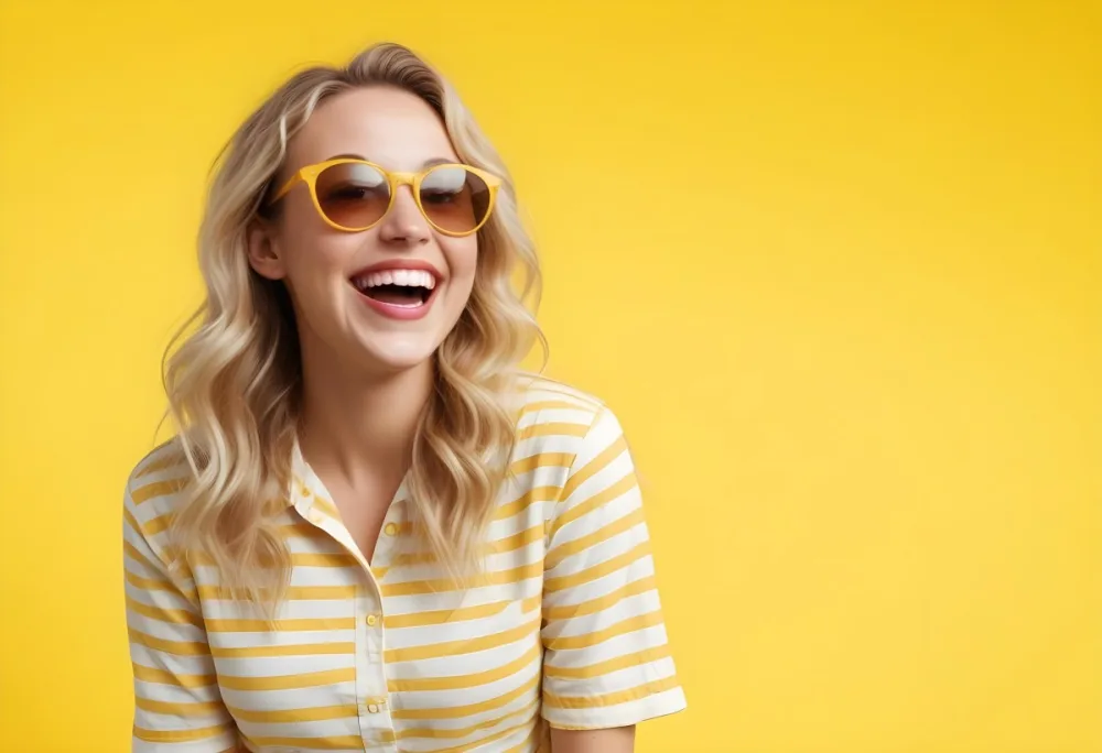 A Caucasian Woman 28 Years Old Blonde Wavy Hair Yellow Sunglasses And A Striped Shirt Laughing In A Yellow Background 17 7352