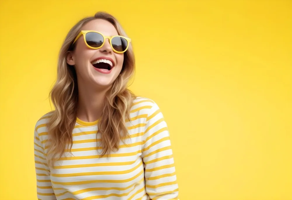 A Caucasian Woman 28 Years Old Blonde Wavy Hair Yellow Sunglasses And A Striped Shirt Laughing In A Yellow Background 18 Ce6e