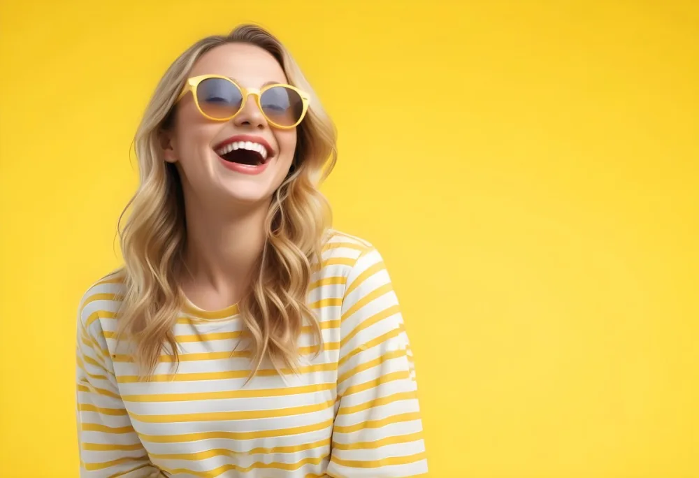 A Caucasian Woman 28 Years Old Blonde Wavy Hair Yellow Sunglasses And A Striped Shirt Laughing In A Yellow Background 19 262b