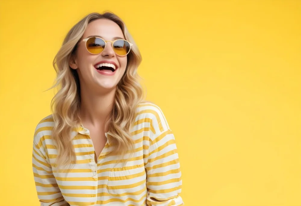 A Caucasian Woman 28 Years Old Blonde Wavy Hair Yellow Sunglasses And A Striped Shirt Laughing In A Yellow Background 22 3142