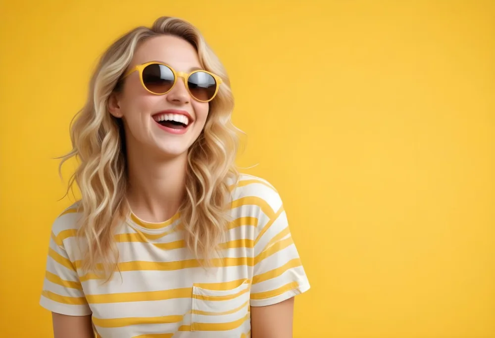 A Caucasian Woman 28 Years Old Blonde Wavy Hair Yellow Sunglasses And A Striped Shirt Laughing In A Yellow Background 24 Fc54