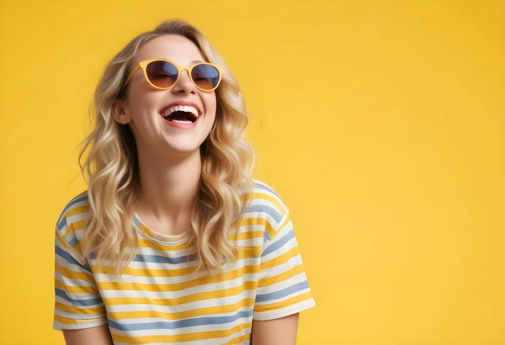 A Caucasian Woman 28 Years Old Blonde Wavy Hair Yellow Sunglasses And A Striped Shirt Laughing In A Yellow Background 3 Ae0b