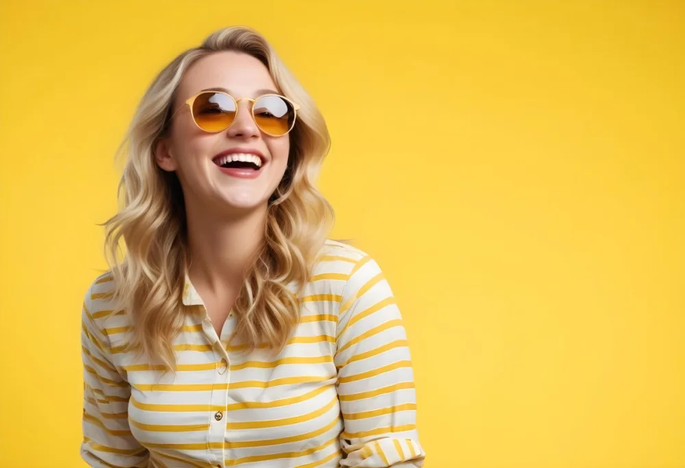 A Caucasian Woman 28 Years Old Blonde Wavy Hair Yellow Sunglasses And A Striped Shirt Laughing In A Yellow Background 4 8fa3 B26c