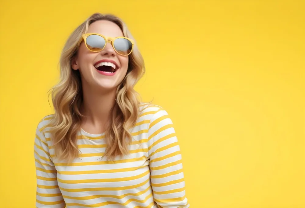 A Caucasian Woman 28 Years Old Blonde Wavy Hair Yellow Sunglasses And A Striped Shirt Laughing In A Yellow Background 5 6605