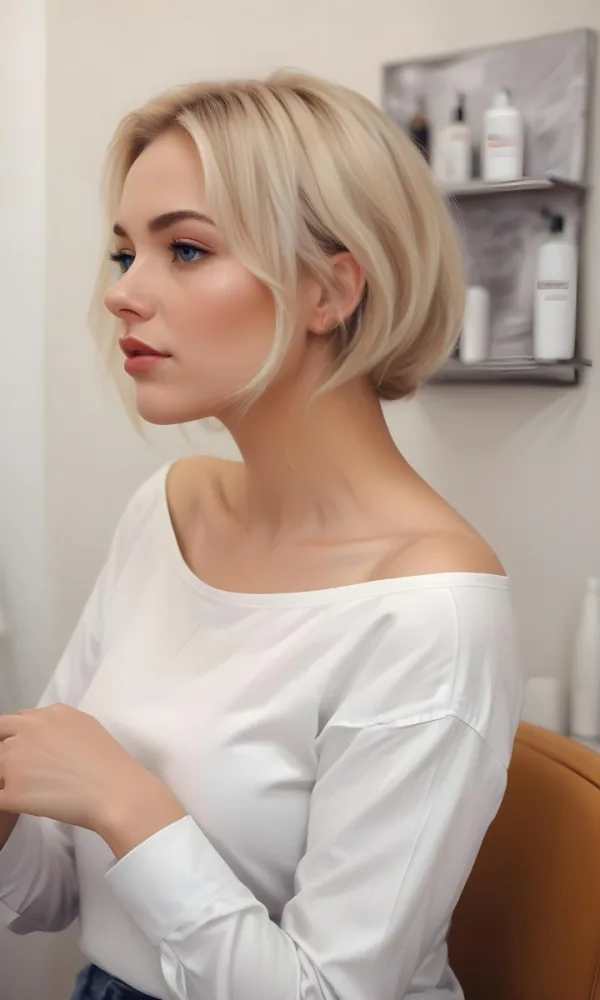 A Caucasian Woman 28 Years Old With Blonde Hair And Fair Skin Wearing A White Shirt In A Beauty Salon 58 0c49