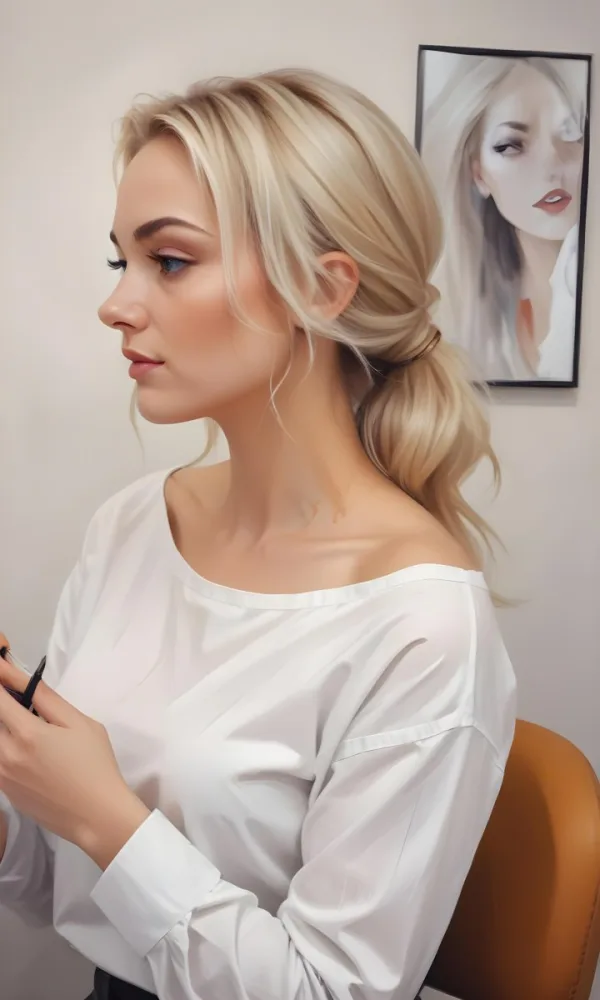 A Caucasian Woman 28 Years Old With Blonde Hair And Fair Skin Wearing A White Shirt In A Beauty Salon 66 4298