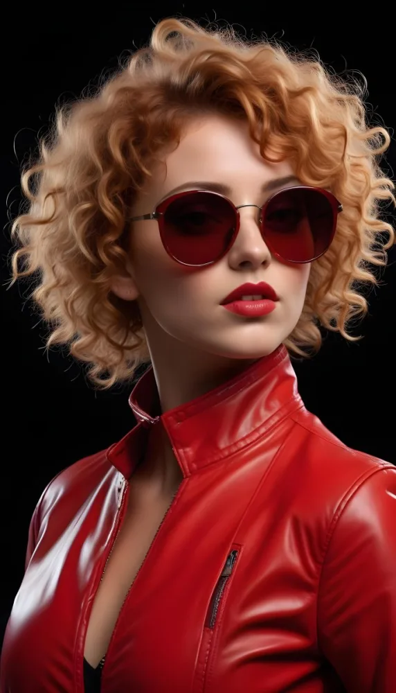A Caucasian Woman 28 Years Old With Red Curly Hair And Black Sunglasses Wearing A Red Leather Jacket In A Black Background 16 Cea1