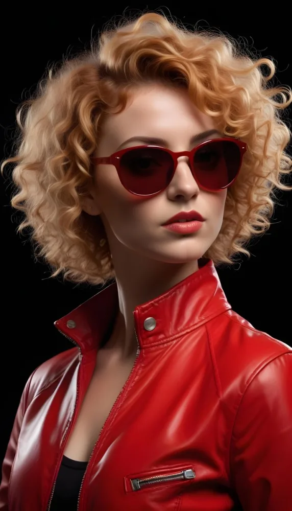 A Caucasian Woman 28 Years Old With Red Curly Hair And Black Sunglasses Wearing A Red Leather Jacket In A Black Background 20 Ce33