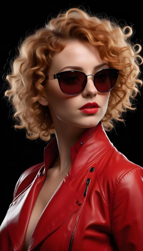 A Caucasian Woman 28 Years Old With Red Curly Hair And Black Sunglasses Wearing A Red Leather Jacket In A Black Background 6 Ec5f