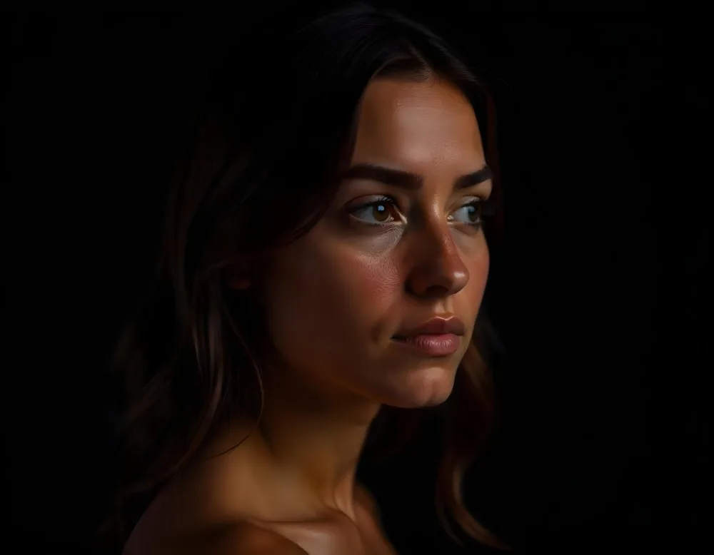 A Caucasian Woman Age 22 With Dark Skin Brown Eyes And Brown Hair Looking To The Right In A Dark Background 10 41b9