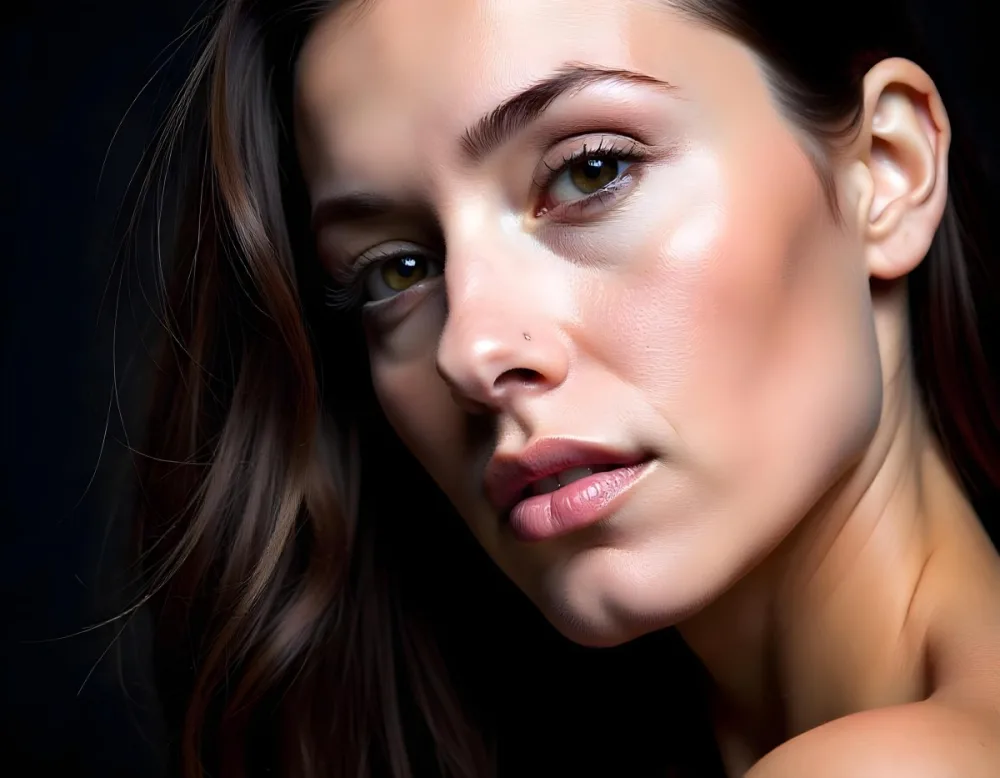 A Caucasian Woman Age 22 With Dark Skin Brown Eyes And Brown Hair Looking To The Right In A Dark Background 17 4959