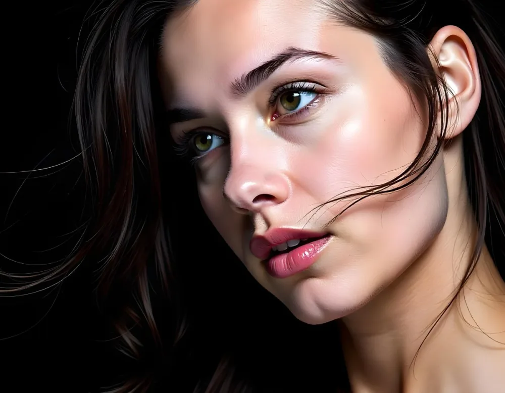 A Caucasian Woman Age 22 With Dark Skin Brown Eyes And Brown Hair Looking To The Right In A Dark Background 22 816c