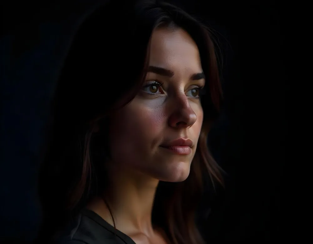 A Caucasian Woman Age 22 With Dark Skin Brown Eyes And Brown Hair Looking To The Right In A Dark Background 27 29bd