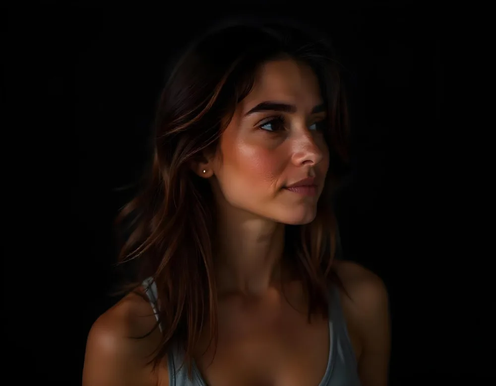 A Caucasian Woman Age 22 With Dark Skin Brown Eyes And Brown Hair Looking To The Right In A Dark Background 29 5802