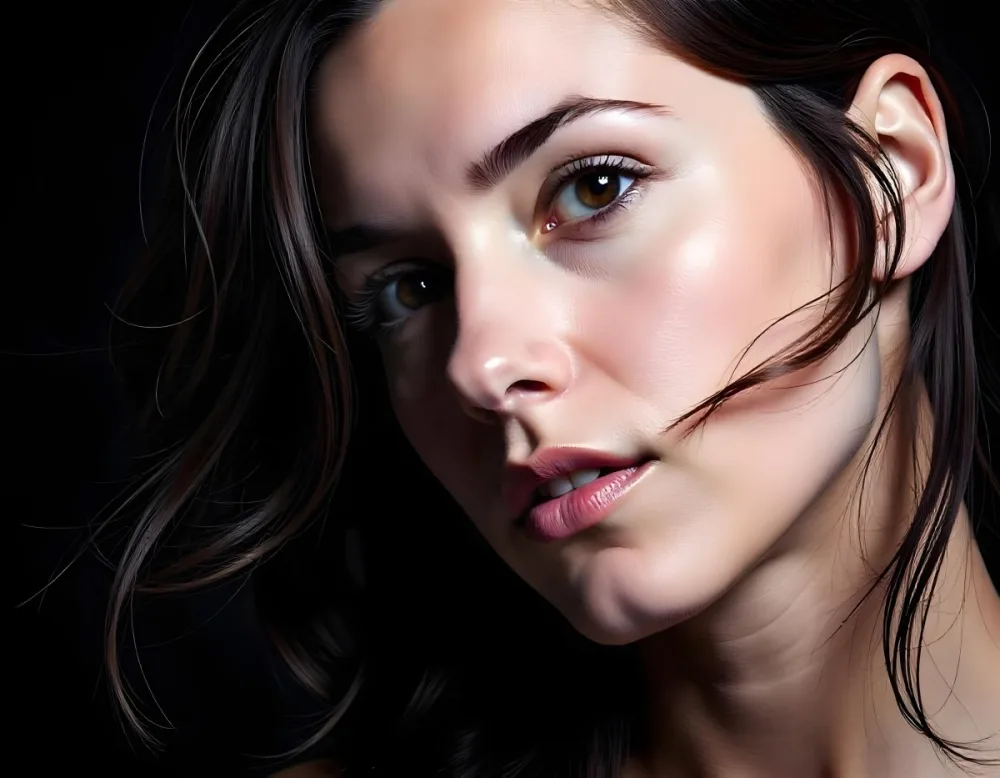 A Caucasian Woman Age 22 With Dark Skin Brown Eyes And Brown Hair Looking To The Right In A Dark Background 4 B71c