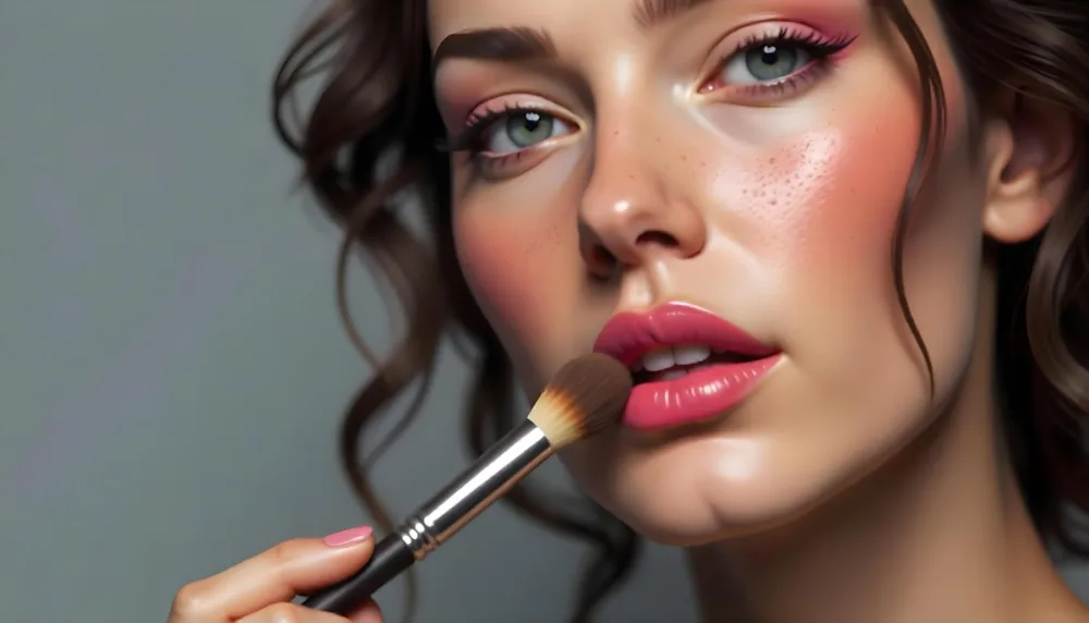 A Caucasian Woman Age 23 Brown Wavy Hair Freckles Applying Pink Makeup With A Brush Pink Lipstick Pink Blush In A Grey Background 14 0a3b