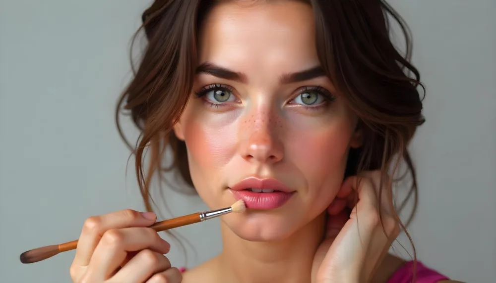 A Caucasian Woman Age 23 Brown Wavy Hair Freckles Applying Pink Makeup With A Brush Pink Lipstick Pink Blush In A Grey Background 30 109d