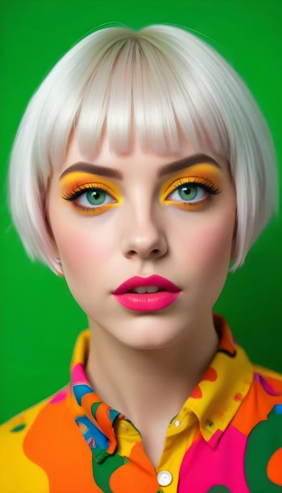 A Caucasian Woman Age 23 Green Short Hair Green Eyes Pink Lips Green Eyeshadow Wearing A Colorful Shirt In A Green Background 24 12aa
