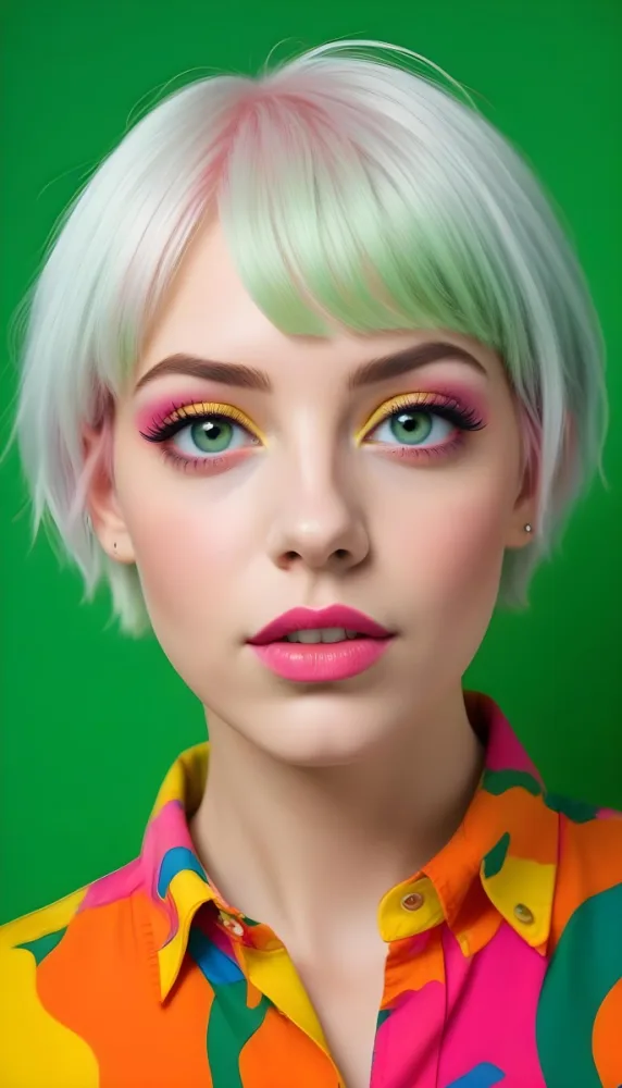 A Caucasian Woman Age 23 Green Short Hair Green Eyes Pink Lips Green Eyeshadow Wearing A Colorful Shirt In A Green Background 32 45a3