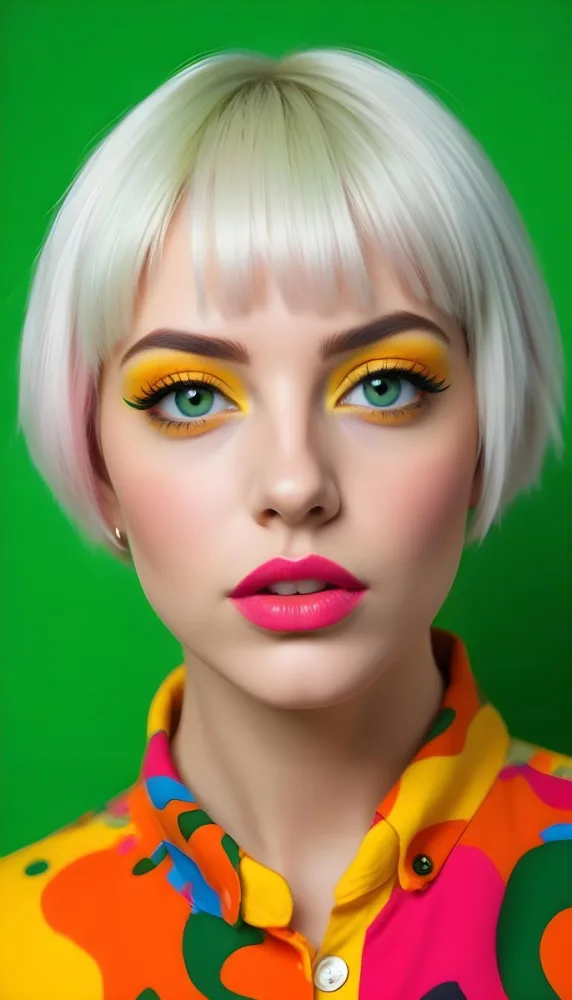 A Caucasian Woman Age 23 Green Short Hair Green Eyes Pink Lips Green Eyeshadow Wearing A Colorful Shirt In A Green Background 35 2d33
