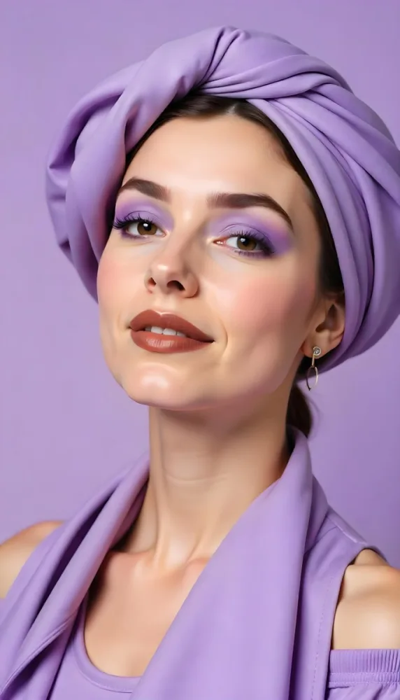 A Caucasian Woman Age 23 Light Skin Light Brown Hair Wearing A Purple Turban And Purple Makeup Brown Lipstick With A Purple Background 13 059e