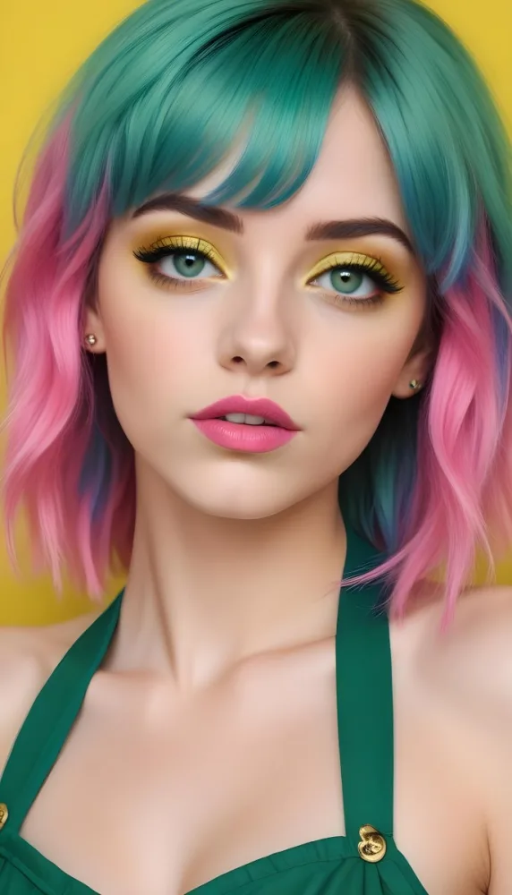 A Caucasian Woman Age 23 With Blue Hair And Green Eyes Wearing Green Eyeshadow And Pink Lipstick In Front Of A Yellow Background 10 Bc29