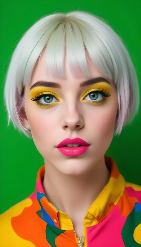A Caucasian Woman Age 23 With Blue Hair And Green Eyes Wearing Green Eyeshadow And Pink Lipstick In Front Of A Yellow Background 11 3bde
