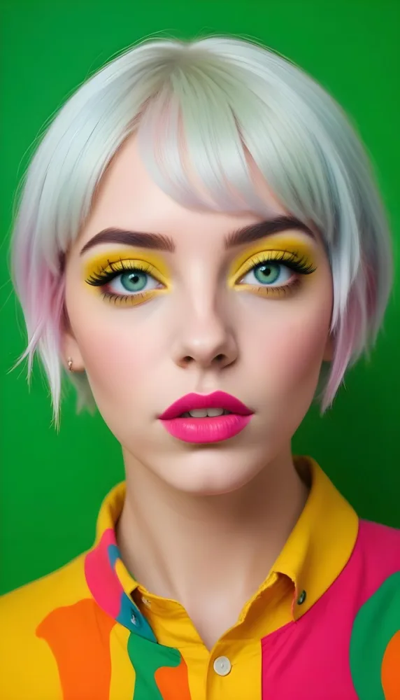 A Caucasian Woman Age 23 With Blue Hair And Green Eyes Wearing Green Eyeshadow And Pink Lipstick In Front Of A Yellow Background 13 F000