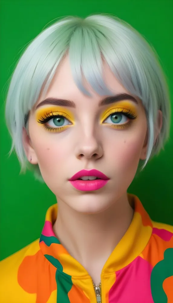 A Caucasian Woman Age 23 With Blue Hair And Green Eyes Wearing Green Eyeshadow And Pink Lipstick In Front Of A Yellow Background 18 5b49