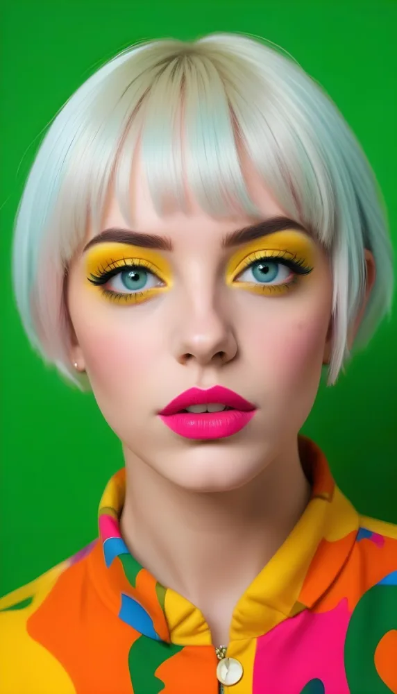 A Caucasian Woman Age 23 With Blue Hair And Green Eyes Wearing Green Eyeshadow And Pink Lipstick In Front Of A Yellow Background 23 11a5