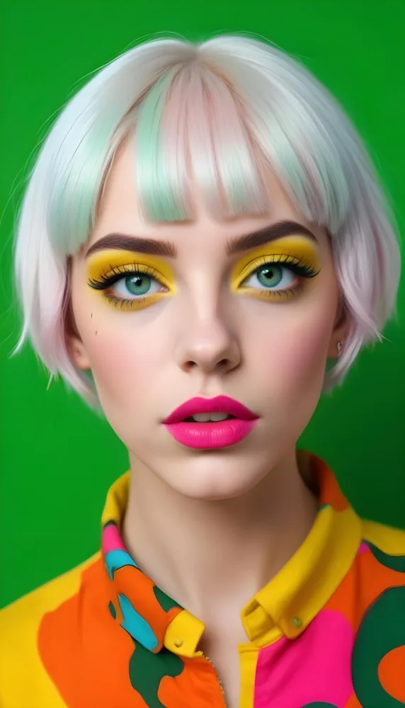 A Caucasian Woman Age 23 With Blue Hair And Green Eyes Wearing Green Eyeshadow And Pink Lipstick In Front Of A Yellow Background 9 1918