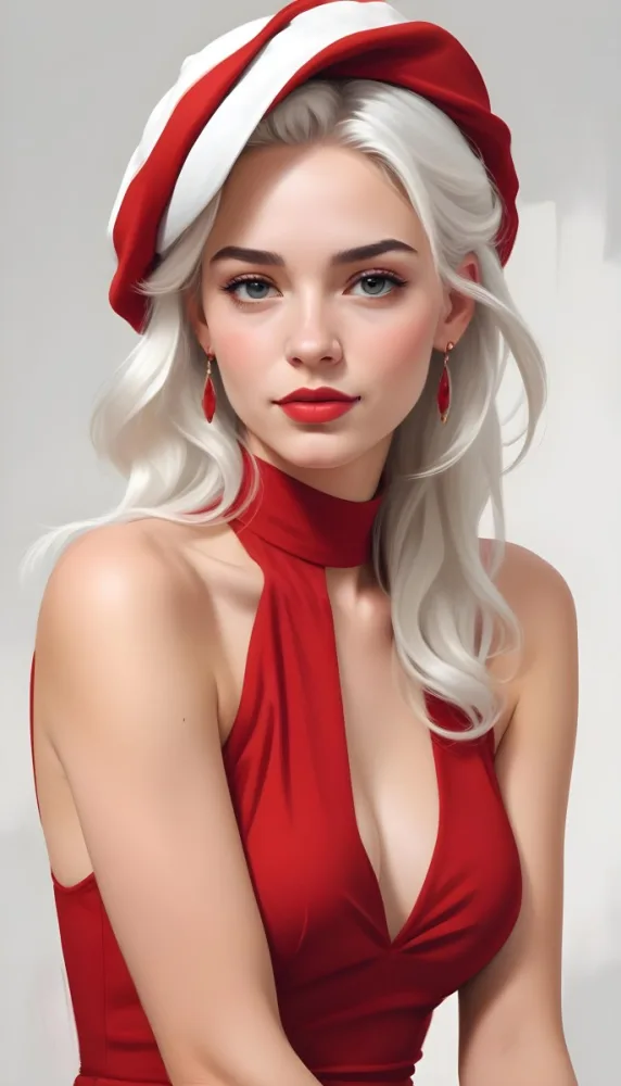A Caucasian Woman Age 23 With Light Skin White Hair Wearing A Red Dress And A Red Hat With Earrings In A White Background 1 3d00
