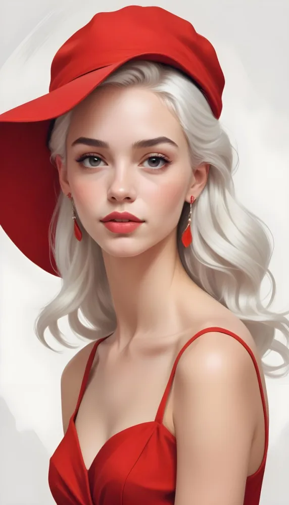 A Caucasian Woman Age 23 With Light Skin White Hair Wearing A Red Dress And A Red Hat With Earrings In A White Background 10 8c82