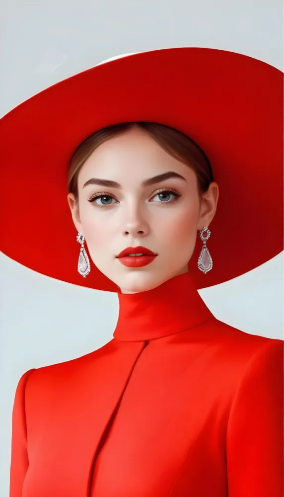 A Caucasian Woman Age 23 With Light Skin White Hair Wearing A Red Dress And A Red Hat With Earrings In A White Background 11 60ad