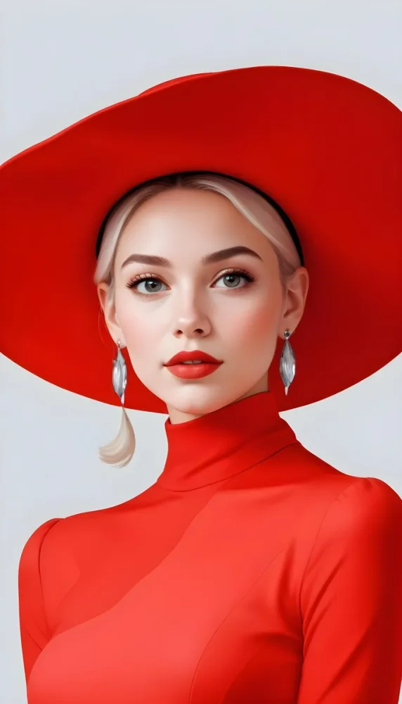A Caucasian Woman Age 23 With Light Skin White Hair Wearing A Red Dress And A Red Hat With Earrings In A White Background 12 10e8