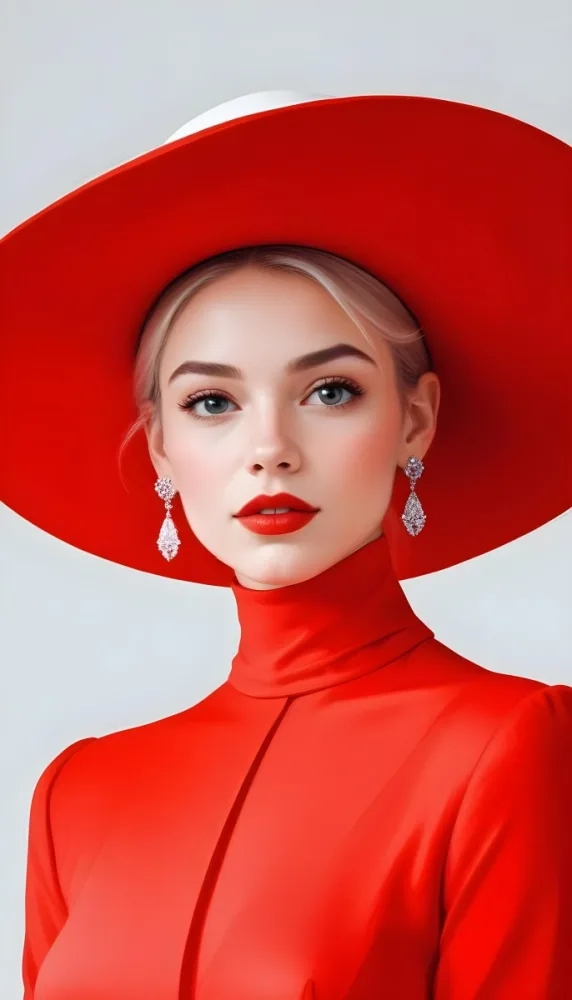 A Caucasian Woman Age 23 With Light Skin White Hair Wearing A Red Dress And A Red Hat With Earrings In A White Background 15 731c