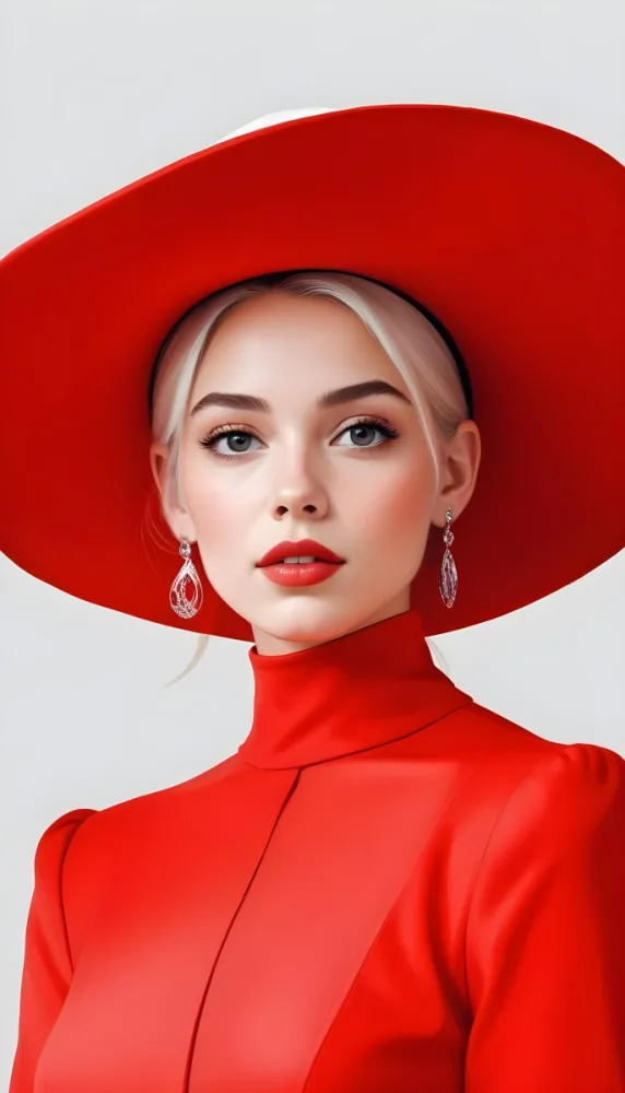 A Caucasian Woman Age 23 With Light Skin White Hair Wearing A Red Dress And A Red Hat With Earrings In A White Background 18 E052